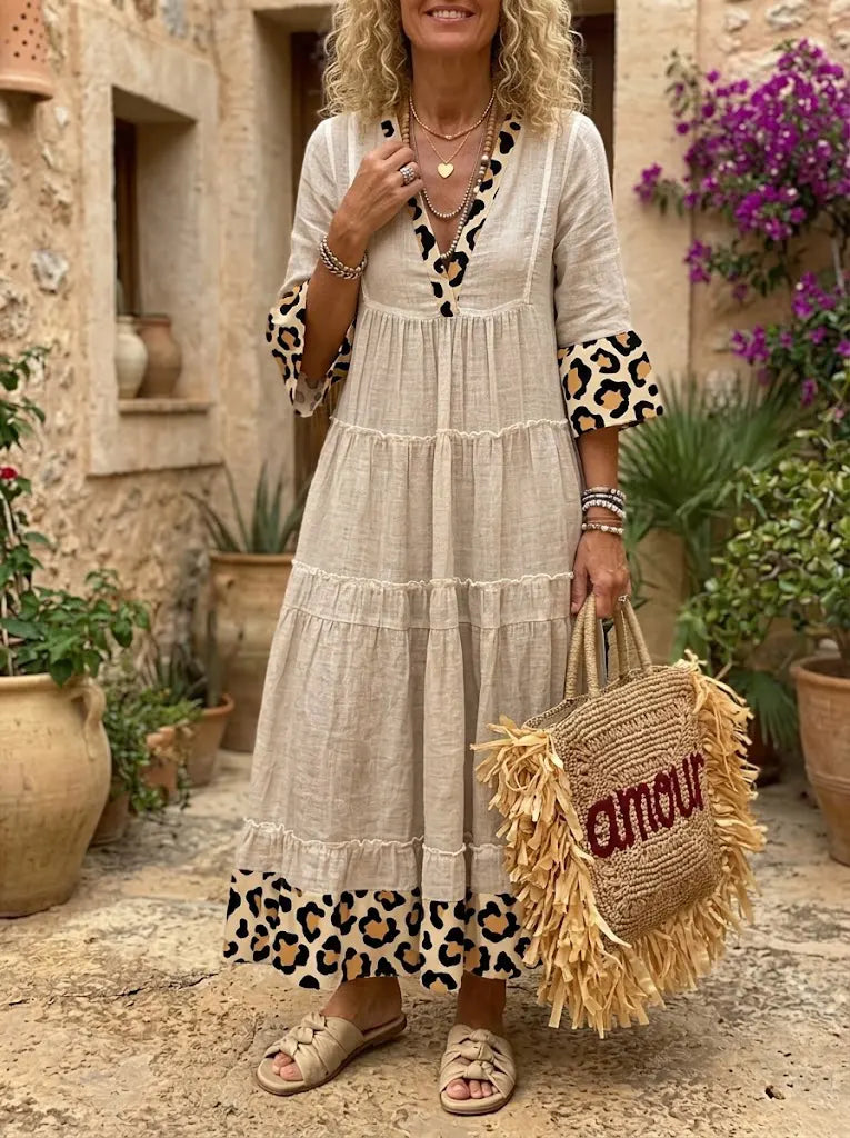 Wild Prairie Leopard-Trim Tiered Maxi Dress