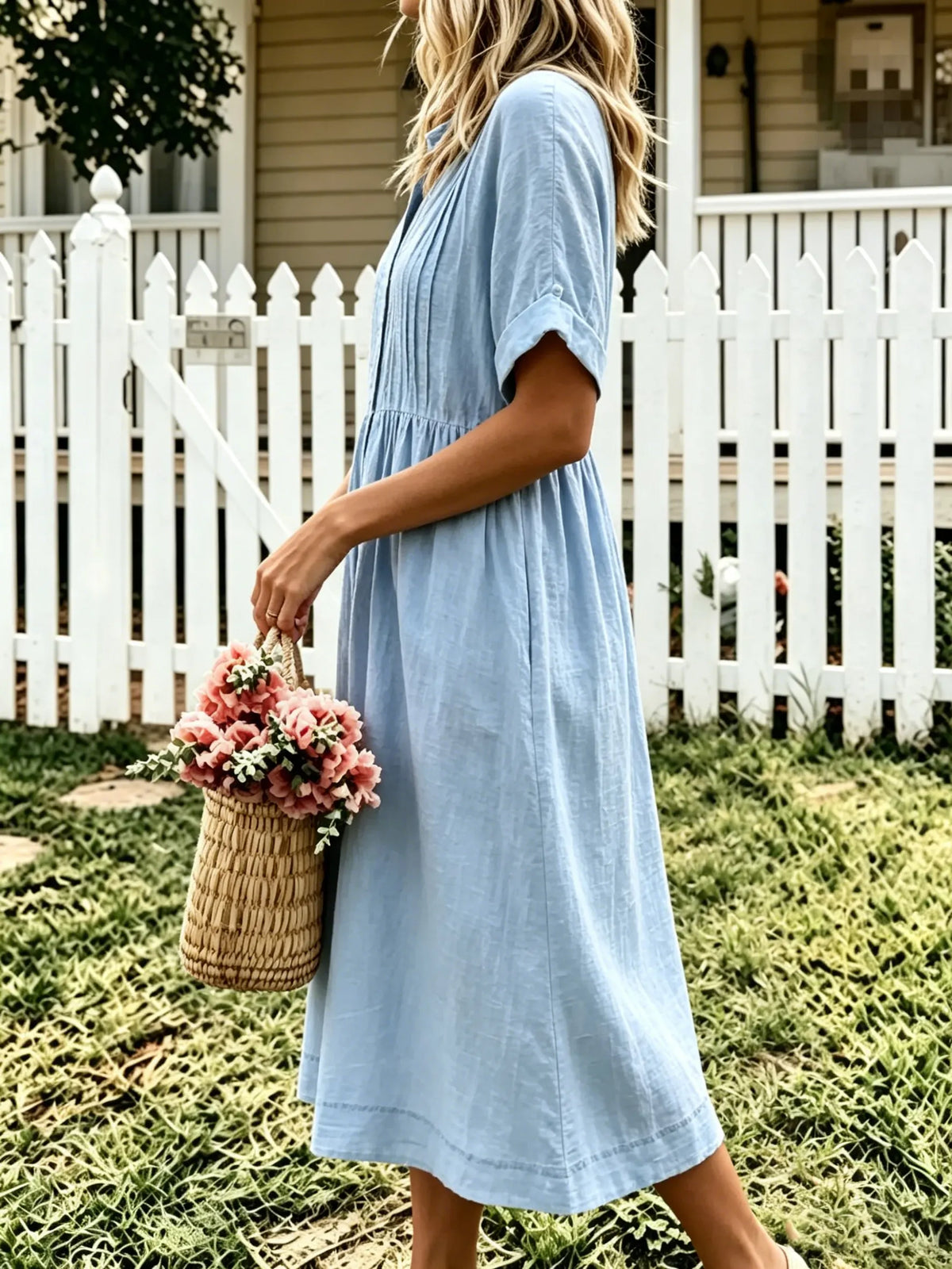 Women's Solid Front Pleated Collar Button Down Roll Sleeve Linen Midi Dress