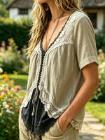 Women’s Floral Lace V Neck Short Sleeve Boho Blouse