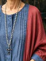 Women’s Two-tone Contrast Linen Kimono Cardigan, Denim Cuff Open Front Loose Cover Up With Pockets