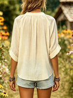 Women's Solid Textured Stand Collar Half Button Roll Cuff Short Sleeve Blouse