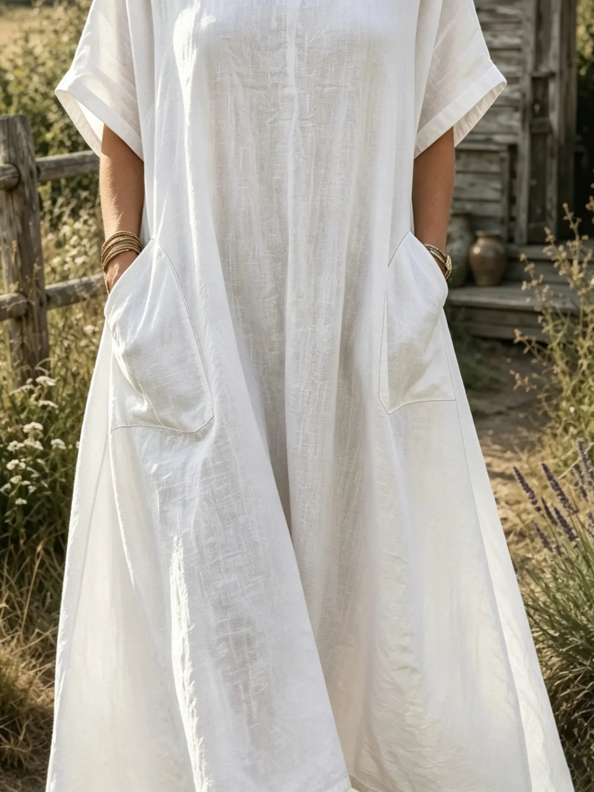 Women's Solid Textured Round Neck Dolman Short Sleeve Dual Pocket Loose Linen Maxi Dress