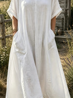Women's Solid Textured Round Neck Dolman Short Sleeve Dual Pocket Loose Linen Maxi Dress