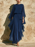 Chiffon Top And Straight-leg Trousers Set With Ruffle Details And Flared Sleeves