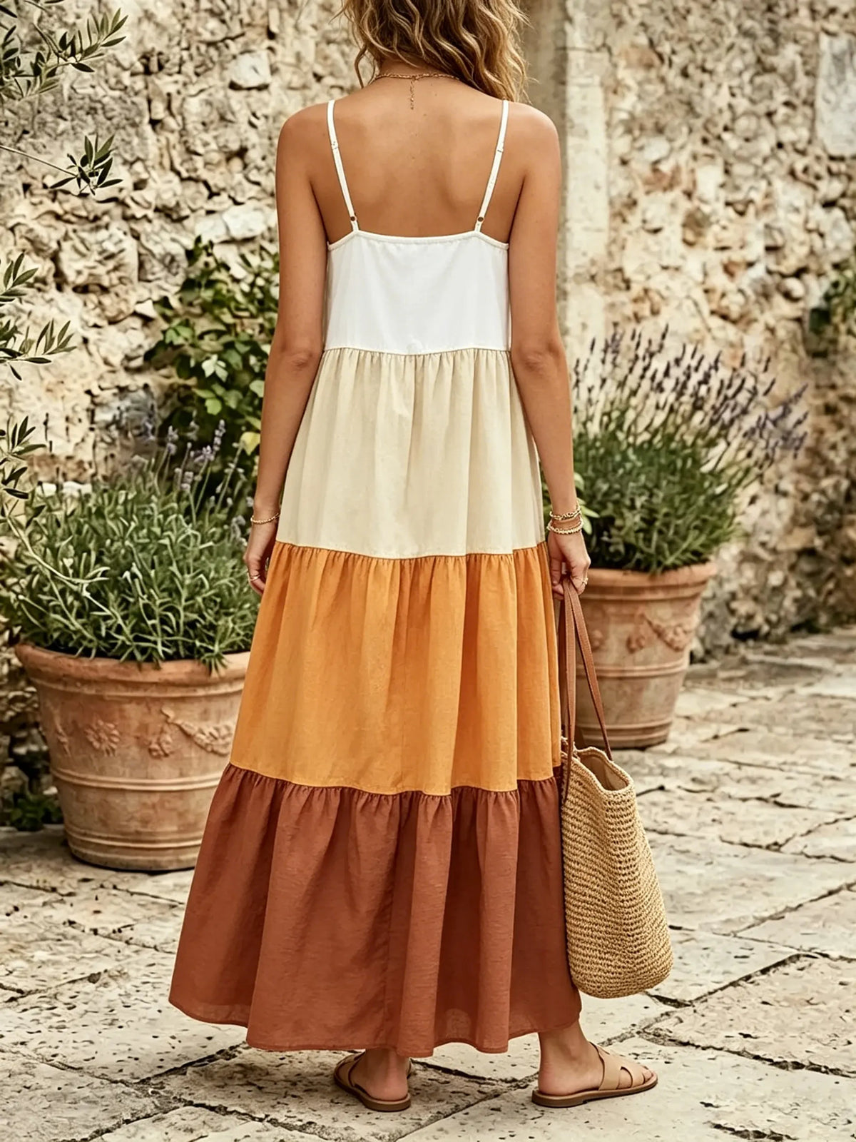 Women's Color-Block Striped Tiered Cami Maxi Dress