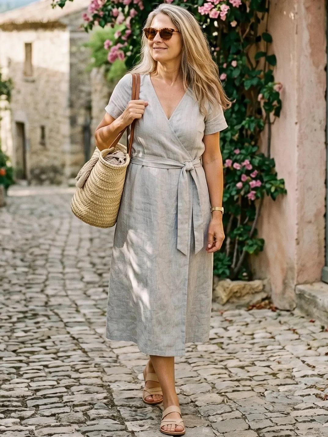 Women's Solid Color V-Neck Short-Sleeve Wrap Dress with Tie-Waist