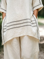 Womens’ Striped Linen Two Piece Outfit, Loose 3/4 Sleeve Top & Wide Leg Pants Matching Set With Pockets