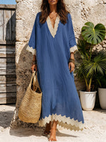 Women's Boho Lace Trim Cotton Linen Kaftan Maxi Dress