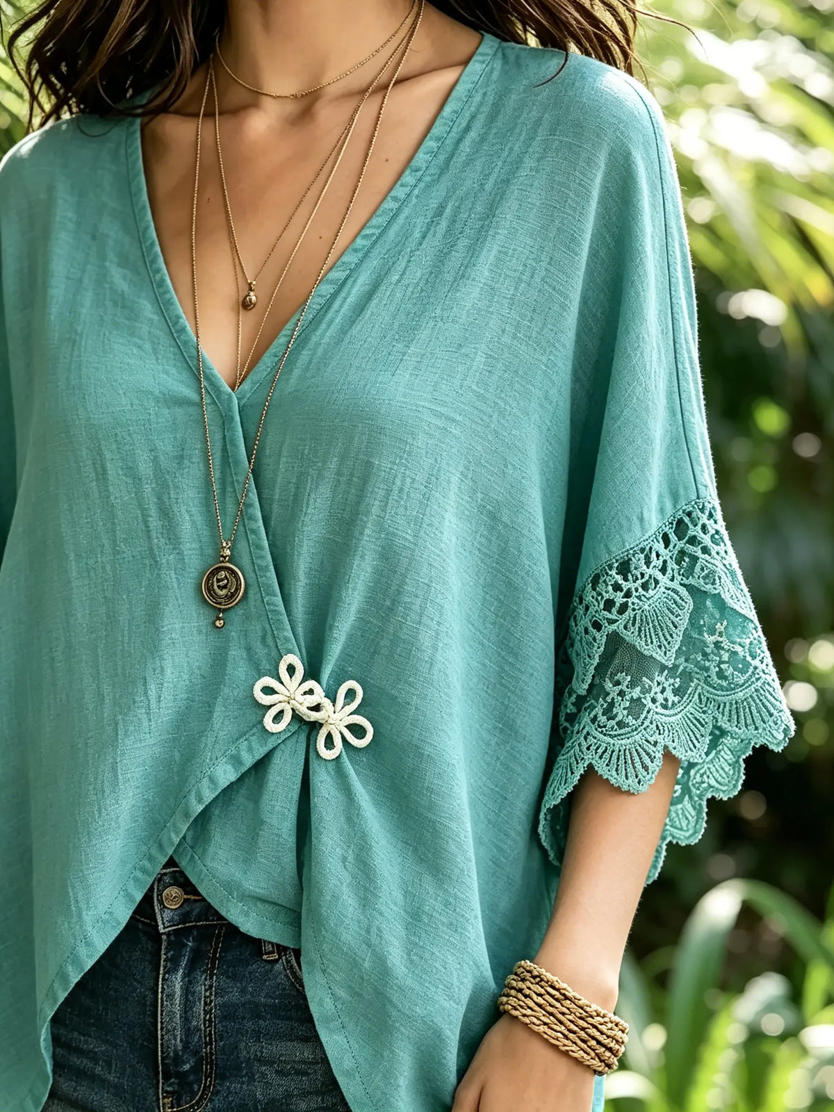 Women Solid Frog Button Lace Panel Split 3/4 Sleeve Top