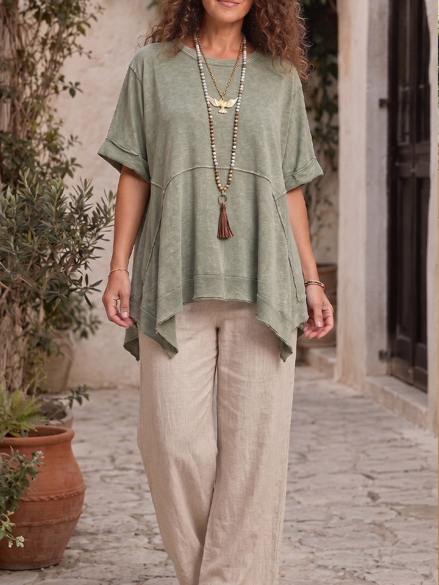 Vintage Art Comfortable Summer Fabrics Asymmetrical Cotton-Linen Blend Shirt