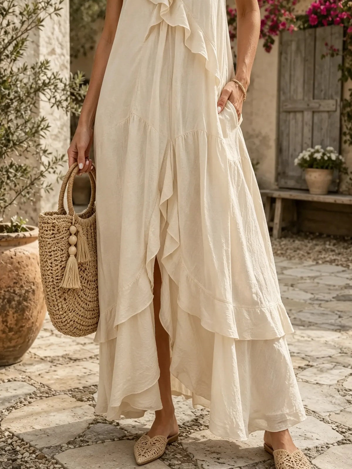 Women Solid Ruffle Tiered Slip Maxi Dress