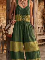 Vintage Art Comfortable Summer Fabrics Sleeveless Patchwork Cotton Linen Pattern Print Jumpsuit