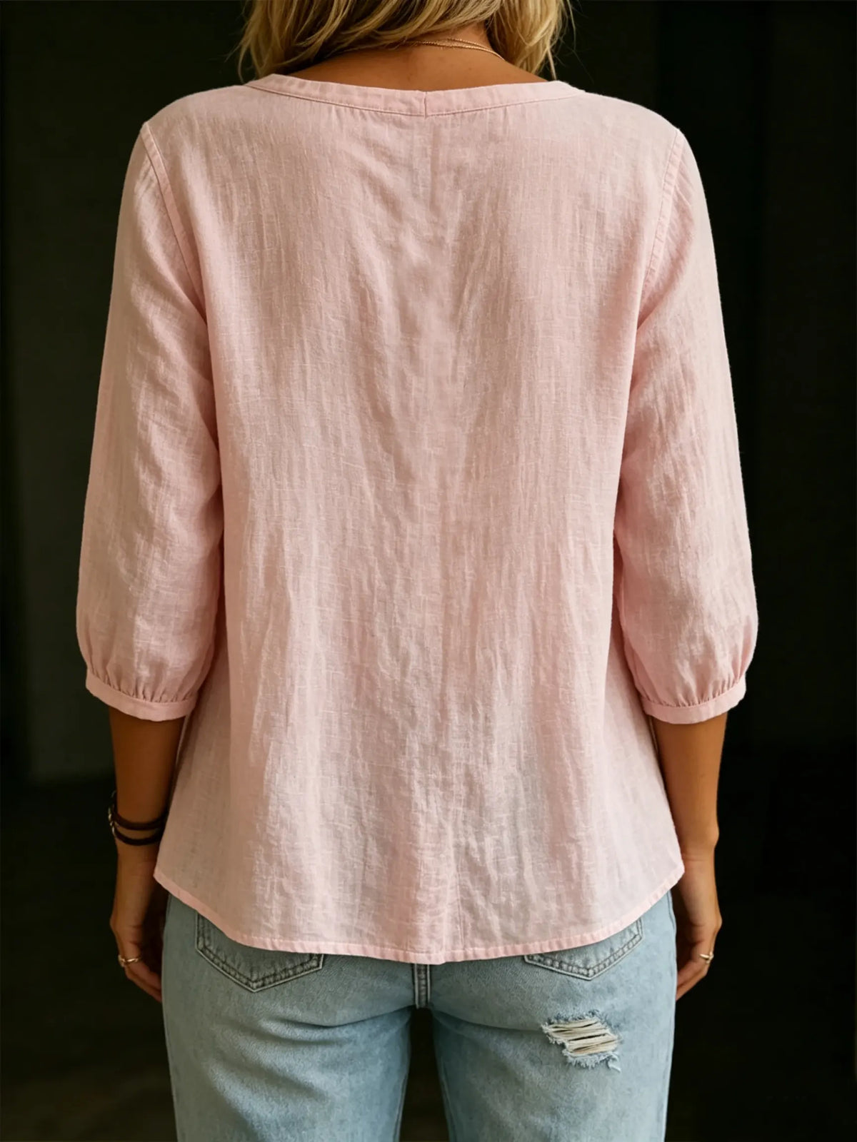 Women's Solid Square Neck Half Button Ruched 3/4 Puff Sleeve Cotton Linen Blouse