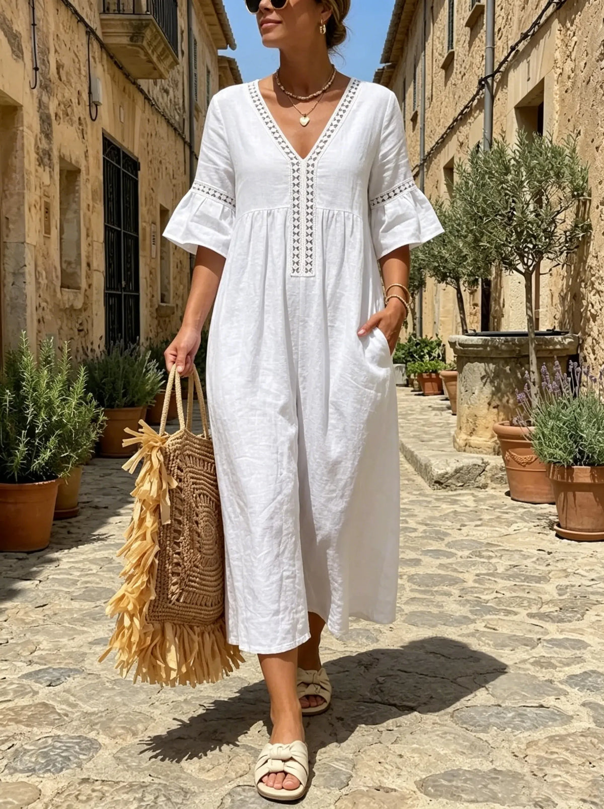 Ivory Whisper Lace-Trim Wide Leg Jumpsuit