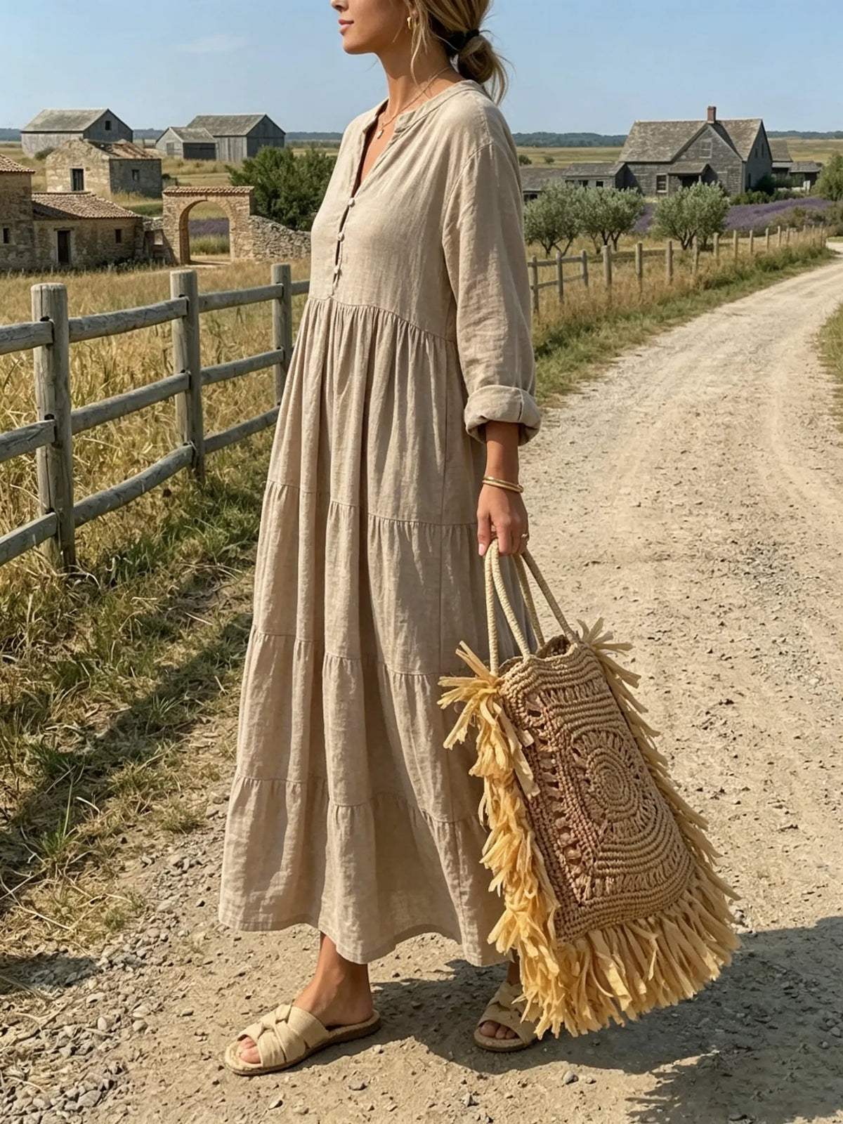 Oatmeal Rustic Charm Tiered Linen Dress