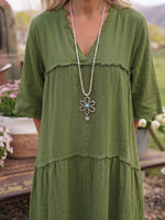 Vintage Art Comfortable Summer Fabrics Linen Blend Patchwork Dress