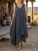 Women's Solid Twist Detail Asymmetric Sleeveless Pocket Dress