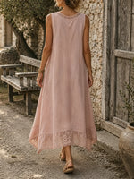 Women's Solid Crochet Lace Panel Irregular Ruffle Sleeveless Maxi Dress