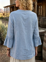 Women's Solid Linen Blend Split Neck Flare 3/4 Sleeve Blouse