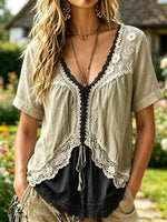 Women’s Floral Lace V Neck Short Sleeve Boho Blouse